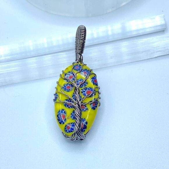 Tree of Life Yellow Flower Dico Glass Copper Wired Pendant - Picture 1 of 4